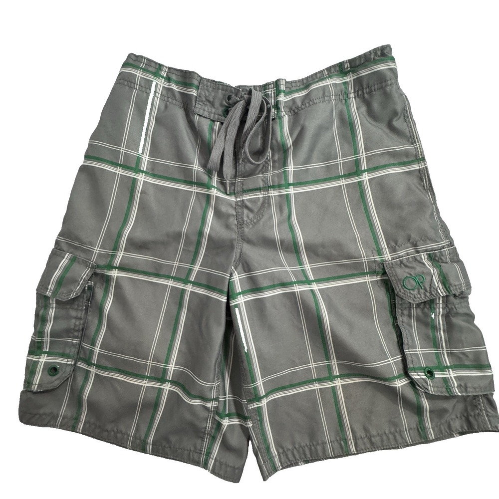 OP Ocean Pacific Board Shorts Men M 32/34 Grey/Green Windowpane Cargo Swim READ